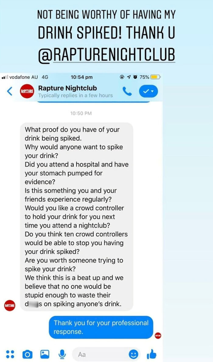 Rapture Nightclub's controversial social media reply questioning a customer's drink spiking claim, showcasing a social media fail.