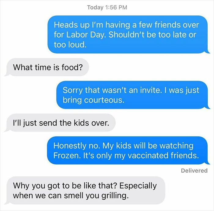Text message exchange showing a tense conversation between neighbors about a Labor Day gathering and kids visiting.