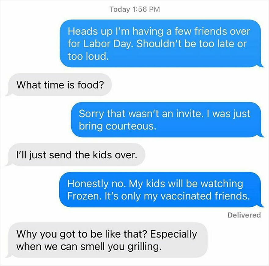 Text message exchange about hosting a small, quiet Labor Day gathering with vaccinated friends only.