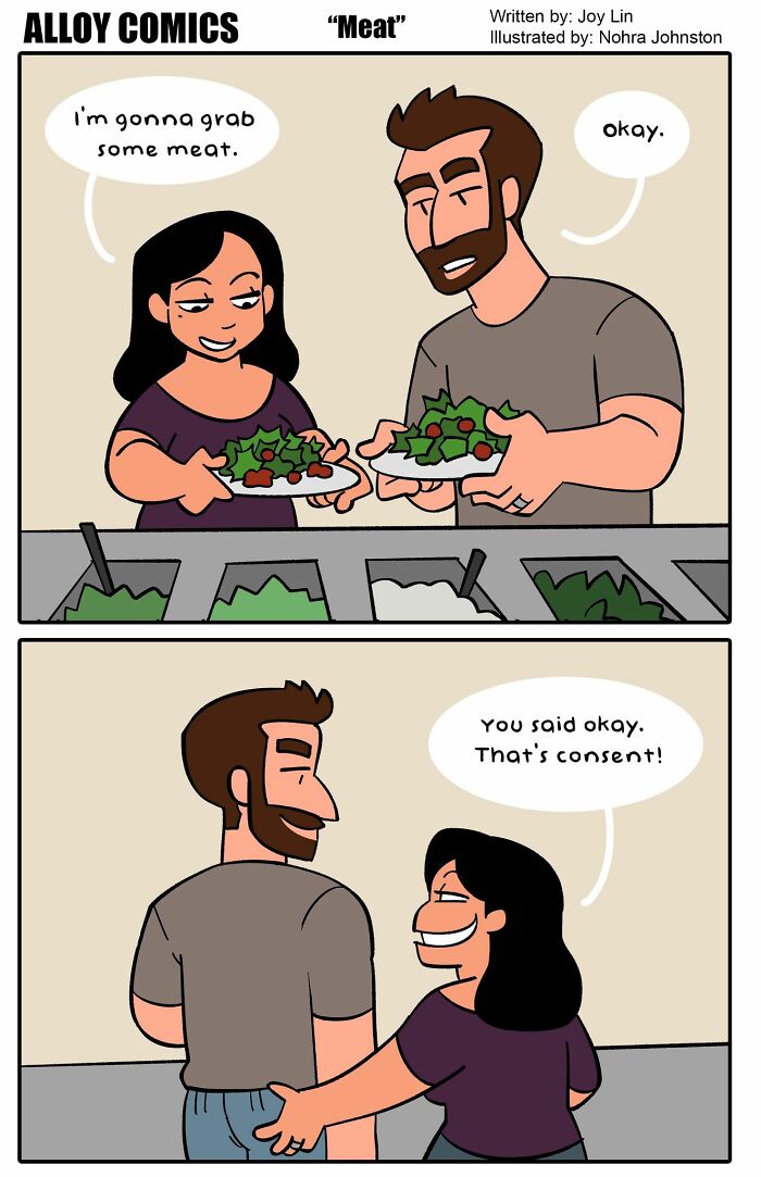 Couple humorously discusses love and consent while serving salad in a funny comic about marriage and relationships.