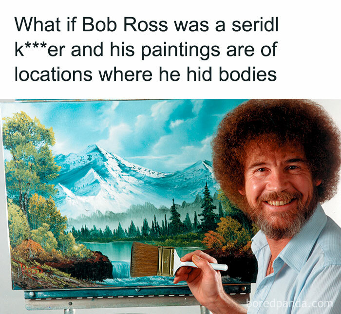 Bob Ross painting a landscape with a humorous true crime caption about hiding bodies in his art locations.