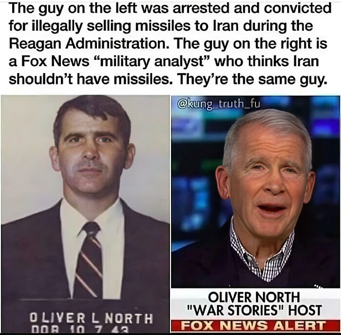 Comparison of Oliver North’s mugshot and Fox News military analyst photo highlighting social media failure in reputation management.