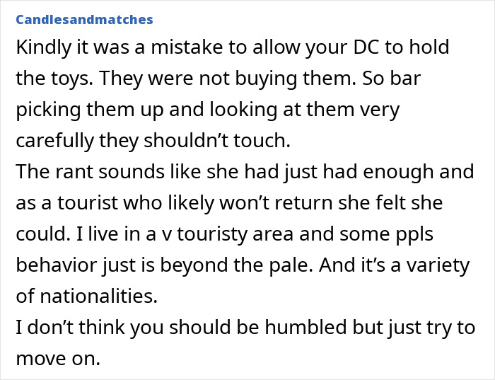 British woman lectured on parenting by French shop owner during holiday over child handling toys incident. British woman lectured on parenting by French shop owner during holiday over child handling toys incident.
