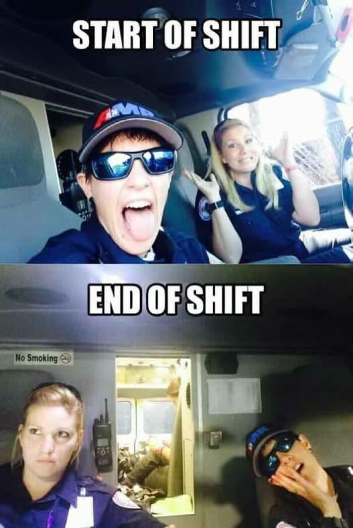 Two EMT paramedics smiling happily at start of shift and looking exhausted at end of shift inside ambulance.