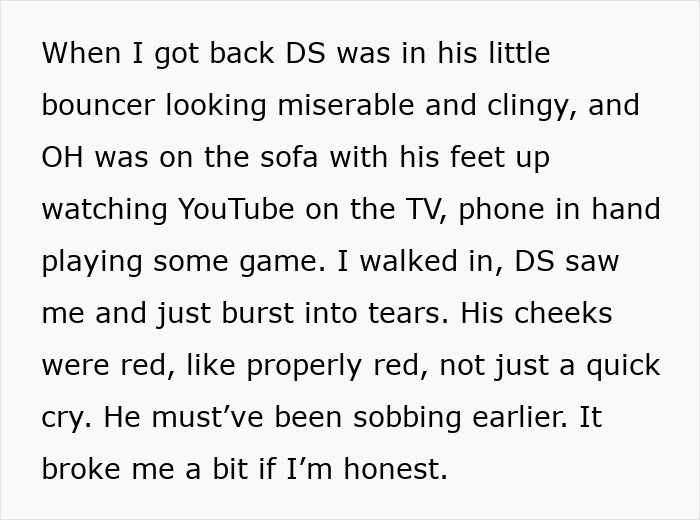 Text excerpt describing a dad forgetting to change his son's diaper and feed him, leaving the baby upset and crying.