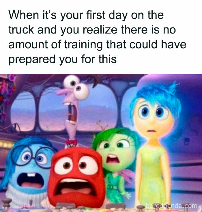 Animated characters from Inside Out displaying shock and fear, illustrating feelings EMT or paramedic memes evoke on first day.
