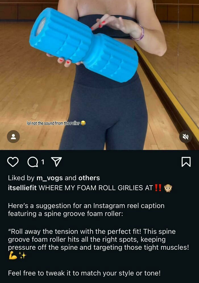 Woman in gym clothes holding a blue spine groove foam roller demonstrating fitness recovery and gym workout tools.