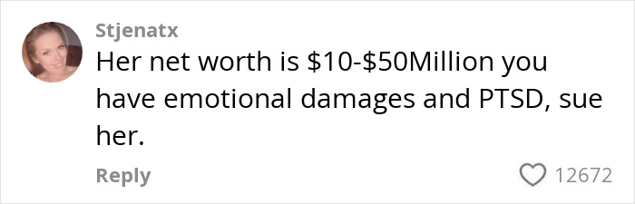 Social media comment about emotional damages and suing after $90,000 repairs from celebrity facialist disfigurement.