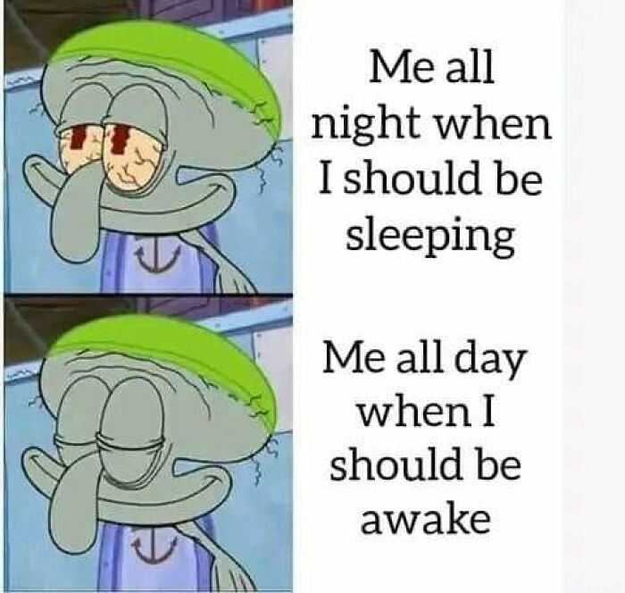 Squidward looking tired and sleepy in a meme about programmer sleep patterns with funny programmer memes text.