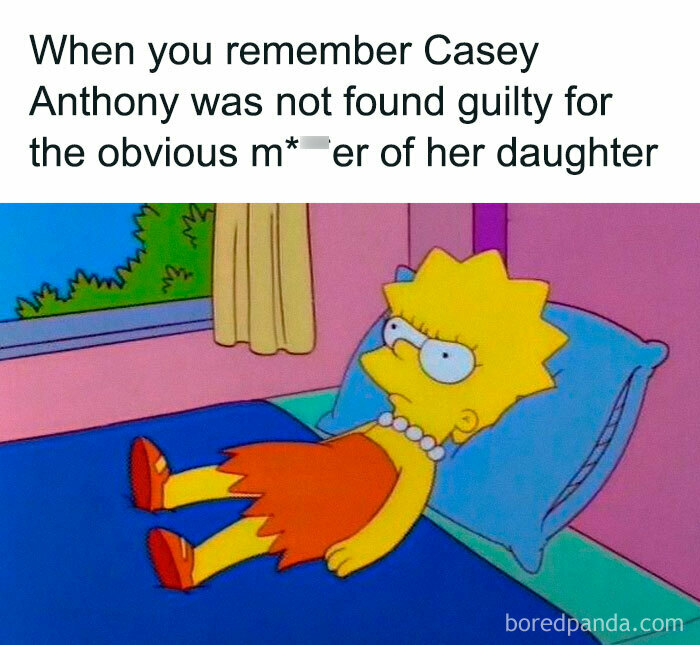 Lisa Simpson lying on a bed with a shocked expression, referencing true crime memes about Casey Anthony.