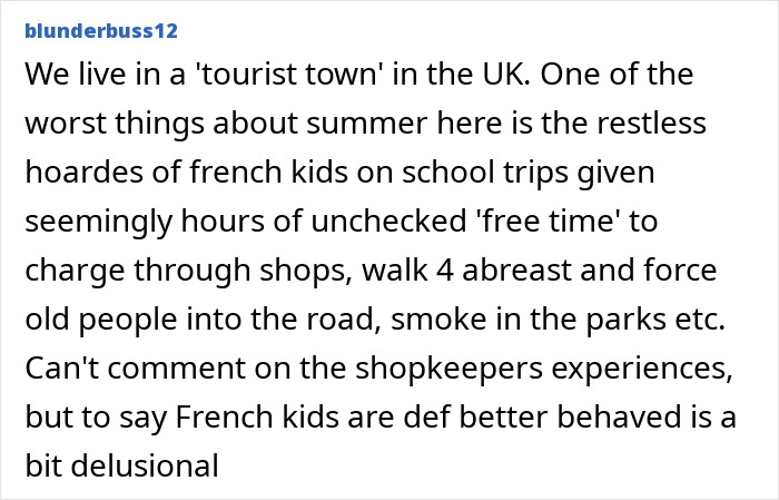 Text post from user blunderbuss12 discussing differences in French and British children’s behavior in tourist towns, related to parenting. Text post from user blunderbuss12 discussing differences in French and British children’s behavior in tourist towns, related to parenting.