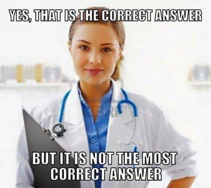 Smiling female EMT or paramedic in white coat with stethoscope and clipboard, humorous text about correct answers.
