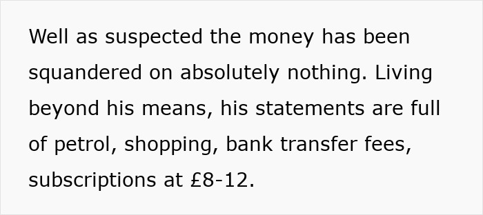 Text excerpt about husband&rsquo;s huge debt and secret spending on petrol, shopping, and subscriptions.