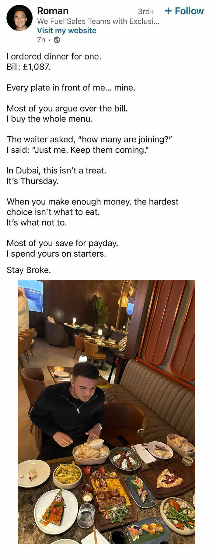 Man dining alone with large meal in upscale restaurant, illustrating hustle culture obsession and loss of real life balance.