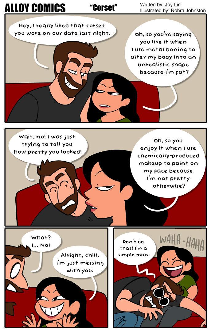 Couple humor in a comic about love and marriage, featuring playful banter about corsets and appearance.