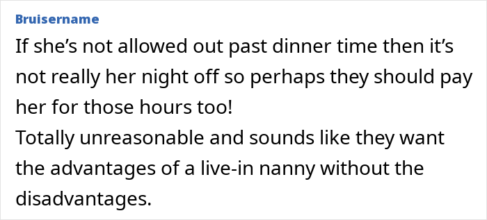 Comment discussing unreasonable curfew rules placed on a live-in nanny affecting her nights off and work conditions.