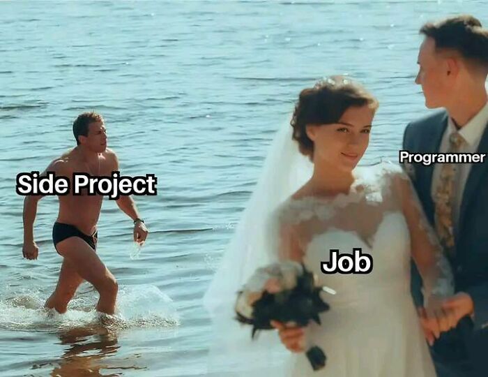Man labeled side project running from water, bride and groom labeled job and programmer at shore, funny programmer meme.