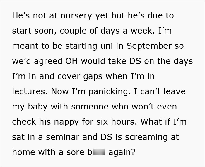 Text excerpt expressing concern about dad taking care of son, forgetting to change diaper and feed him, causing mom to be upset.