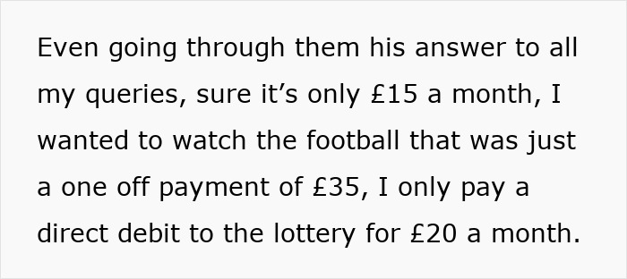 Text showing a wife questioning her husband about his secret huge debt and monthly payments including lottery direct debit.