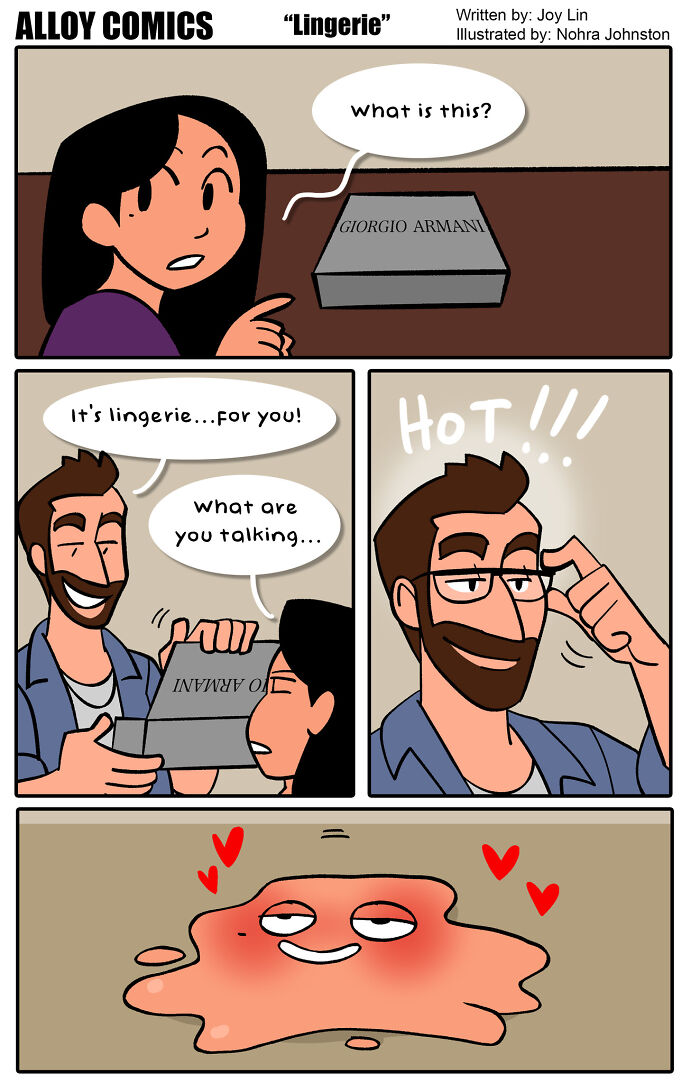 Comic about love and marriage showing a couple with a humorous lingerie gift and a blushing melted character.