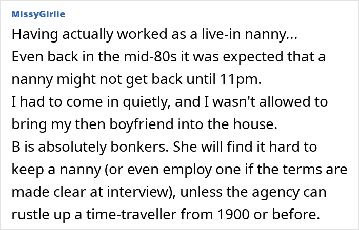 Comment discussing experience as a live-in nanny and expectations around curfew and house rules in past decades.