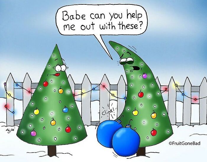Cartoon fruit trees decorated with ornaments, one asking for help with heavy blue baubles in a twisted fruit comic style.