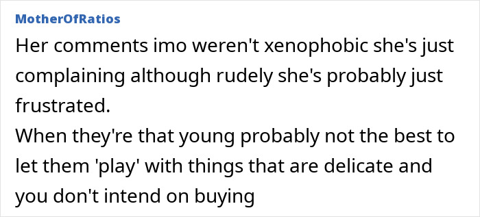 Comment discussing a British woman’s parenting patience and interaction with a French shop owner on holiday. Comment discussing a British woman’s parenting patience and interaction with a French shop owner on holiday.