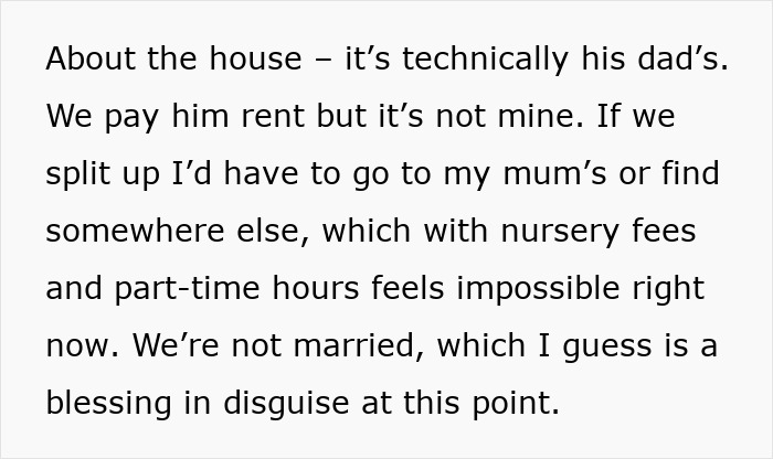 Text excerpt about housing situation, dad, and challenges with nursery fees and part-time hours after separation.