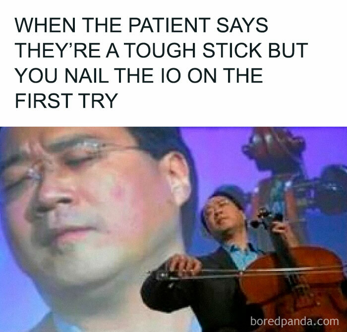 EMT paramedic meme showing a man playing cello with a proud facial expression after a successful difficult IV stick.