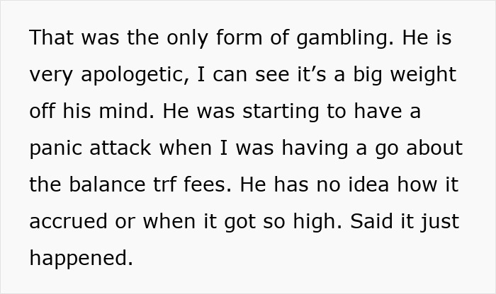 Text displaying a conversation about husband&rsquo;s huge debt, secrecy, panic attack, and apologetic behavior regarding gambling.