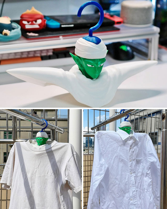 Green-faced character hanger with extended arms displayed holding white shirts, showcasing weird purchases people would make in a heartbeat.