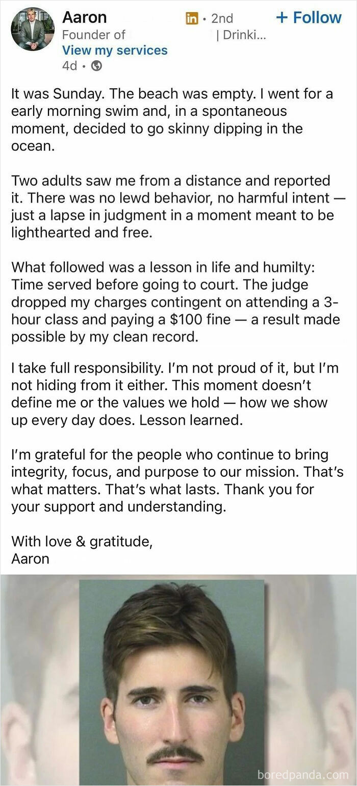 LinkedIn post by a man sharing a personal story about accountability and lessons learned from a legal incident.