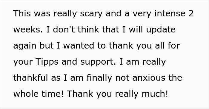 Testimonial text about overcoming anxiety and expressing gratitude for support during a scary and intense two weeks.