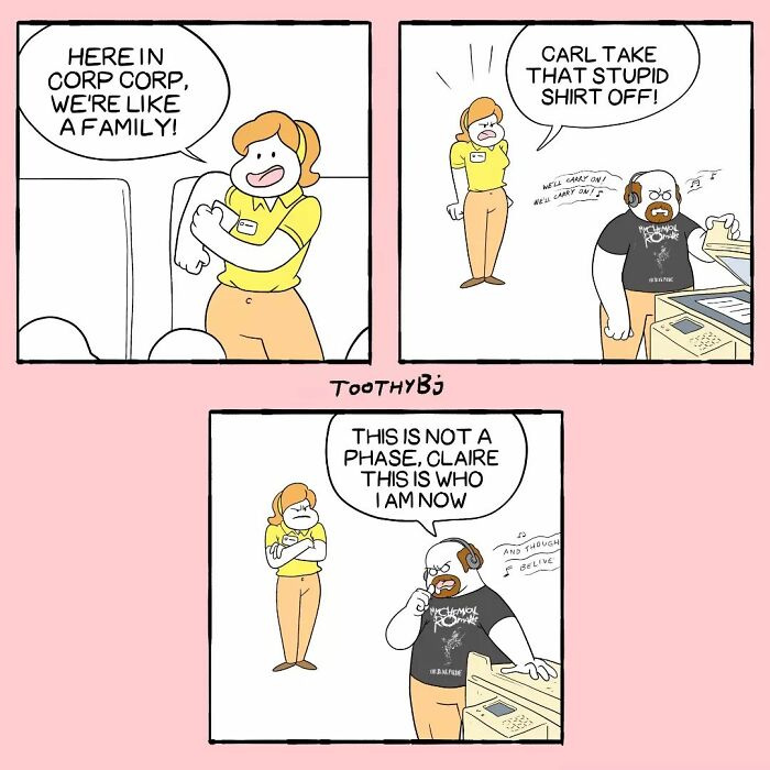 Toothy Bj comic with two coworkers discussing office T-shirt rules and personal identity at work.