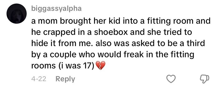 Text post describing a creepy customer encounter involving a child in a fitting room, part of customer encounters stories.