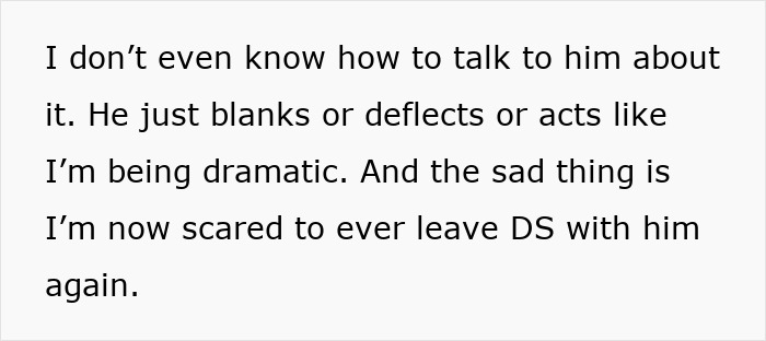 Text excerpt expressing frustration about dad forgetting to change diaper and feed son during first time caretaking.