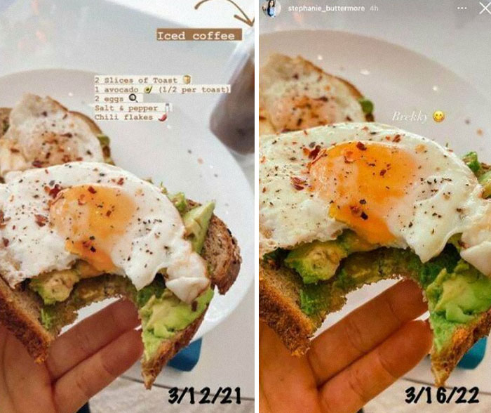 Hand holding avocado toast topped with a fried egg, illustrating a fitness influencer's meal in a gym lifestyle context.