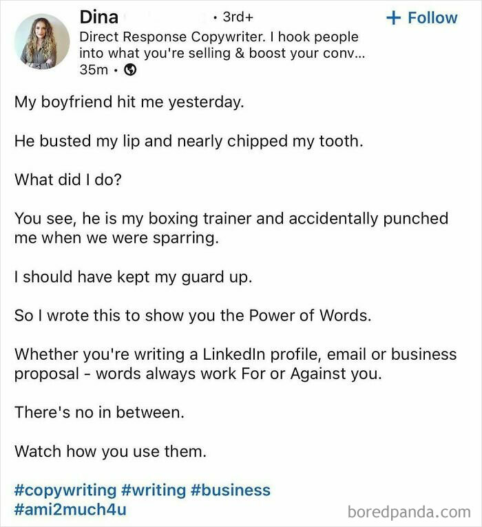 LinkedIn post from a direct response copywriter sharing a story about words' power in hustle culture and business writing.