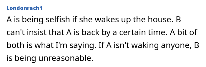 Commenter Londonrach1 discussing opinions on curfew fairness and unreasonable expectations for a live-in nanny&rsquo;s nights off.