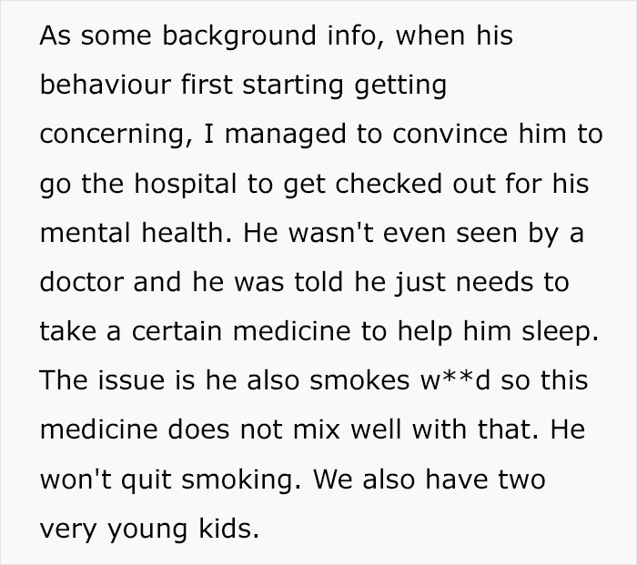 Text excerpt on a white background about mental health, smoking, and family challenges faced by a woman and her husband.