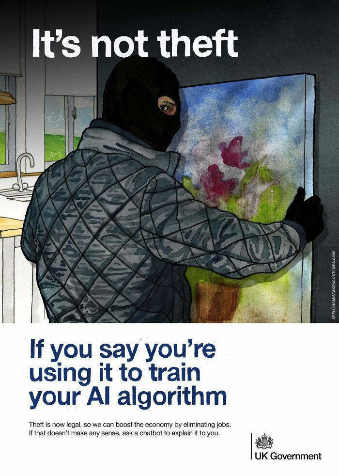 Person in a mask stealing a painting with text humorously referencing AI algorithms in funny memes programmers created.