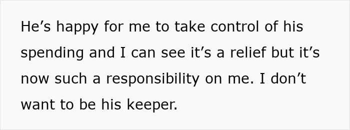 Text excerpt about a wife feeling burdened taking control of husband's spending and hidden huge debt responsibility.