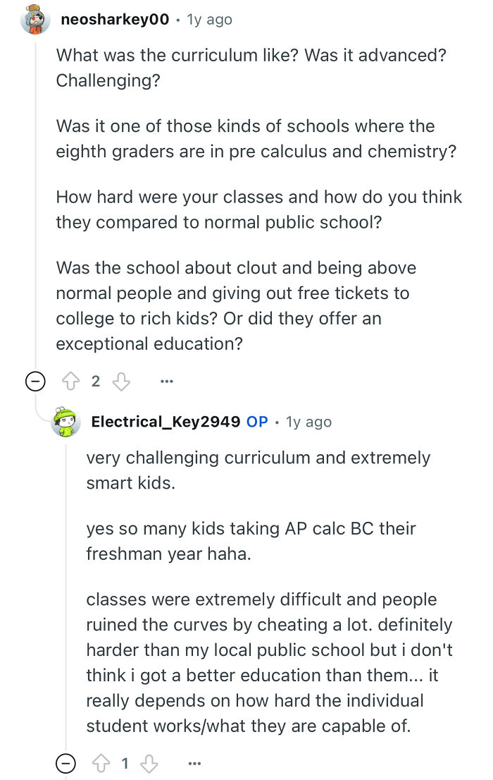 Reddit conversation where a person studied in a prestigious private school discusses challenging curriculum and class difficulty.