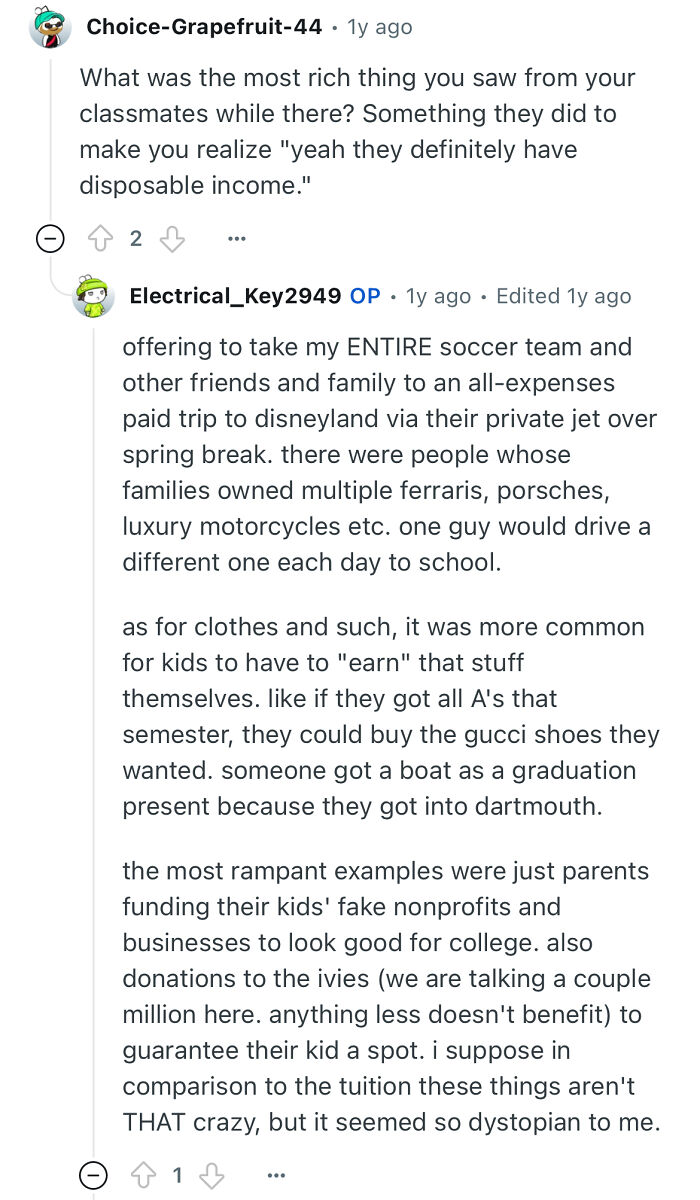 Person studied in a prestigious private school shares insights on luxury lifestyles, wealthy classmates, and unique experiences.