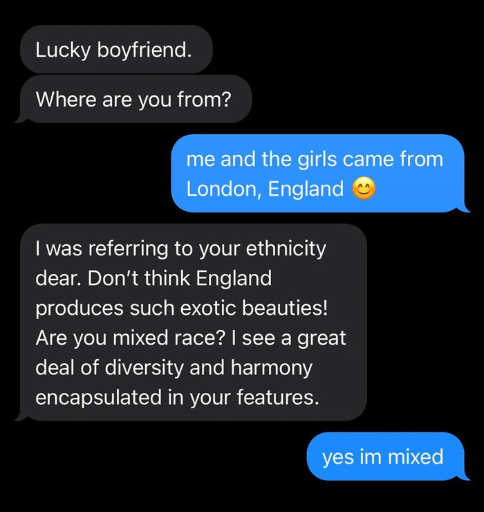 Text conversation showing a woman worried about creepy Airbnb host texts asking personal questions about ethnicity.