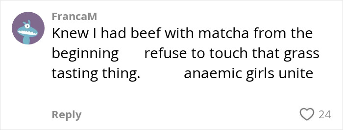 Social media comment warning about matcha, expressing negative views on the trendy drink linked to health concerns.