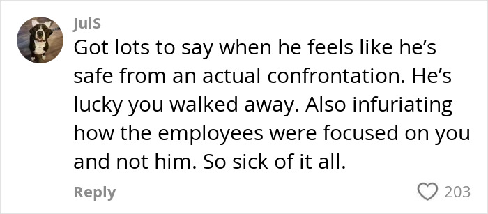 Comment on social media post about Black man confronting white man at library over racial slur, highlighting employee inaction and frustration.
