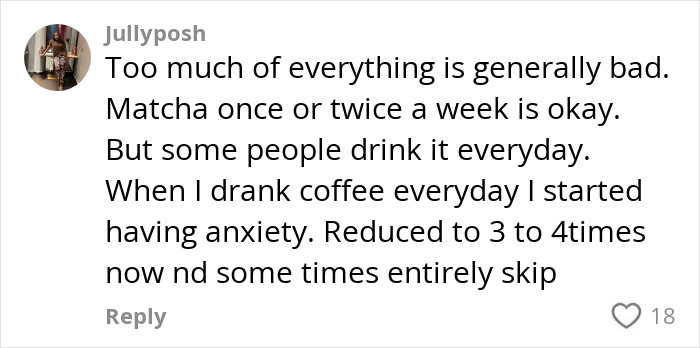 Comment warns about matcha consumption and anxiety risks after frequent daily intake impacts health.
