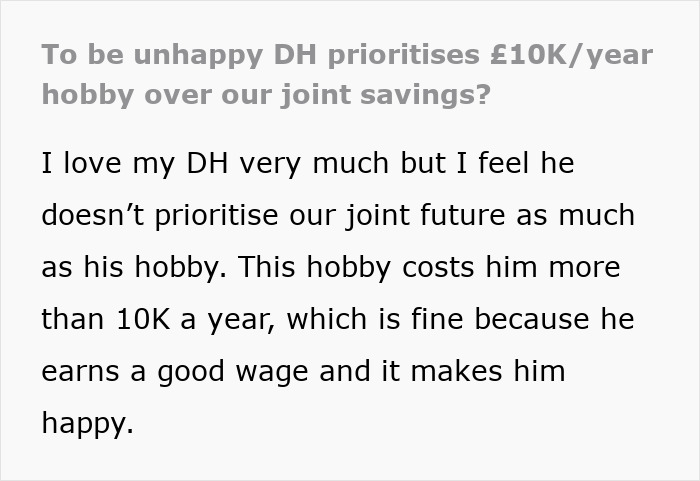 Text discussing husband spending over 10K a year on his hobby while wife feels neglected and worried about joint savings.