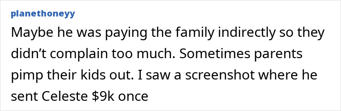Screenshot of a user comment speculating about financial support related to the family of missing 15-year-old girl found in singer D4vd&rsquo;s Tesla.